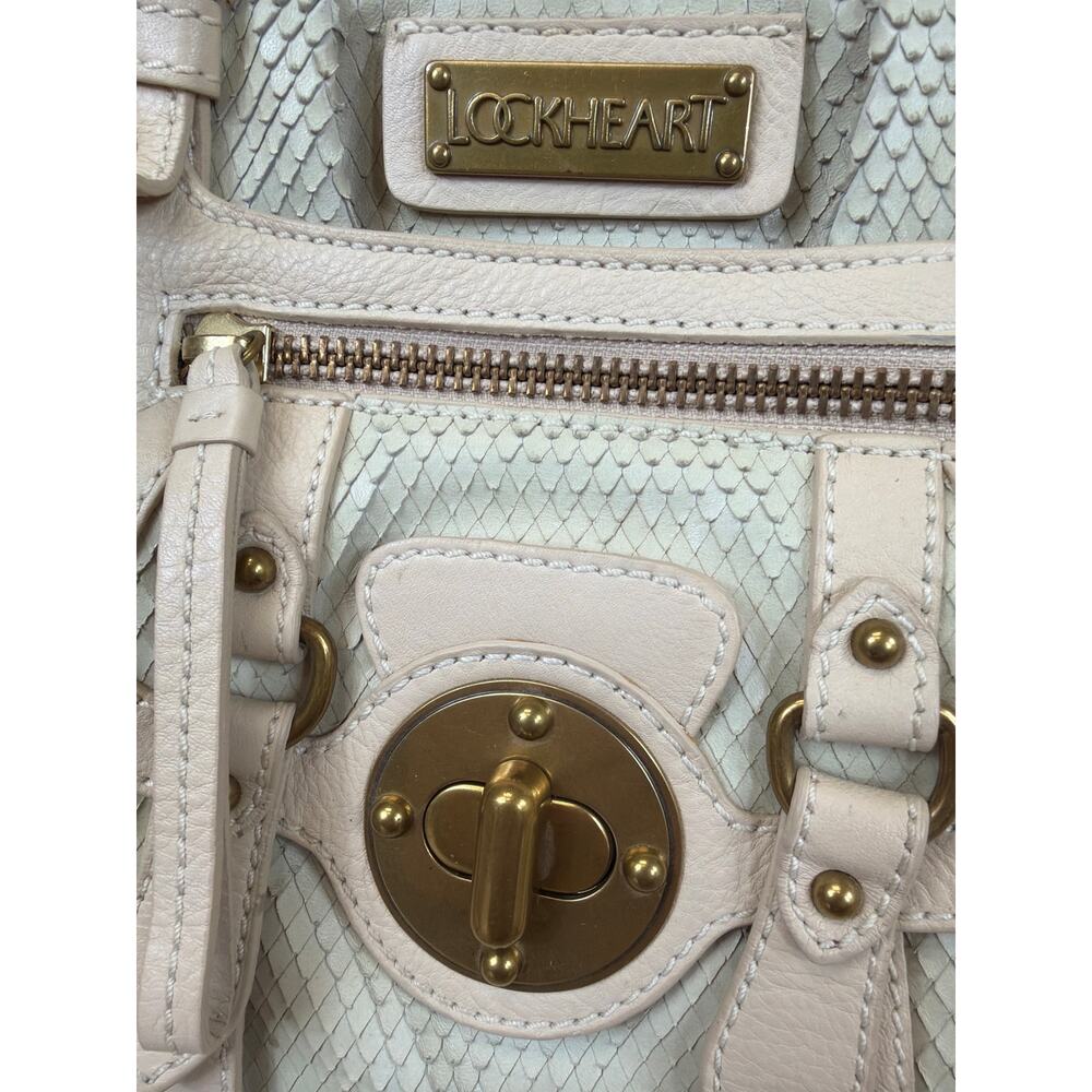 Vintage Lockhart Cream Leather Large Handbag Snakeskin Details Multi Pocket Bag - Picture 2 of 11